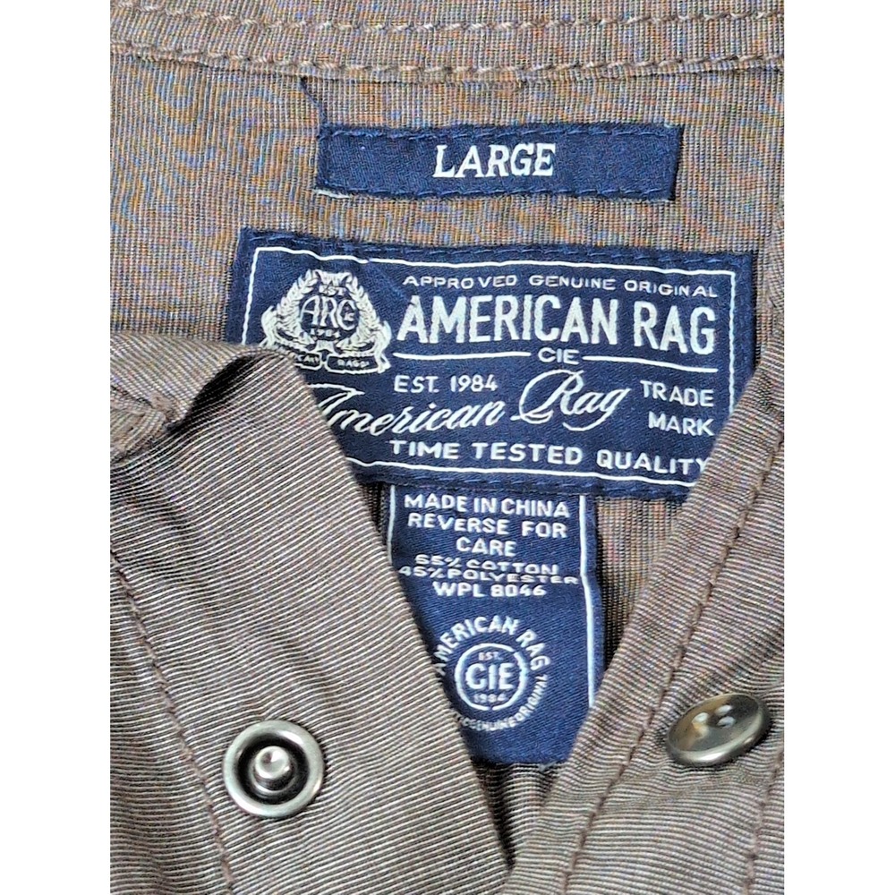 American Rag Cie Mens Lg Pearl Snap Shirt Brown Western Long Sleeve Roll Sleeve